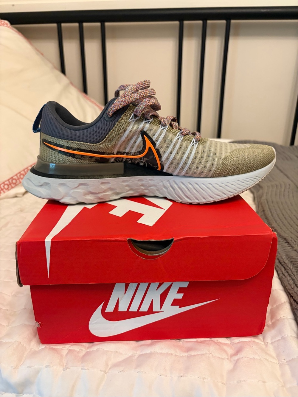 Nike React Infinity Knit Running Shoes - Olive Green with Black & Orange Swoosh - Picture 6 of 8